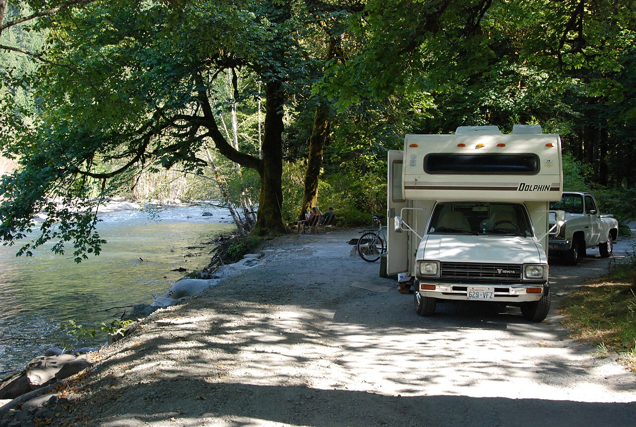 Motorhome campsite beside a river